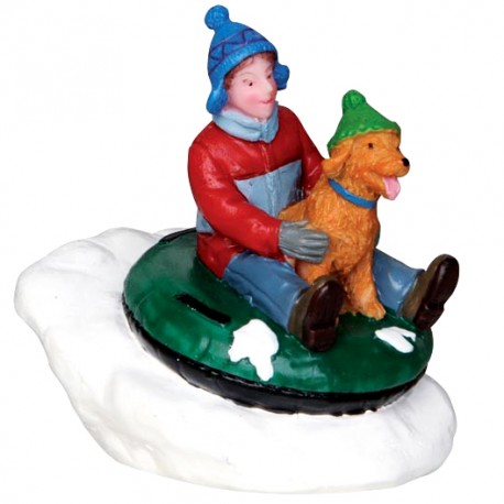 Enfant et son chien sur une luge Lemax