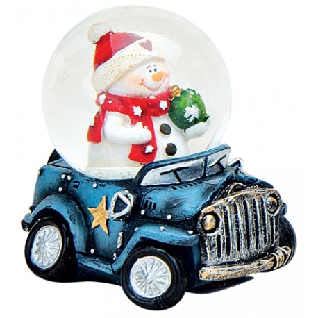 Boule à neige Noël Bonhomme de neige voiture bleu 6 cm résine