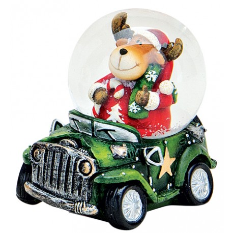 Boule à neige Noël renne voiture vert 6 cm résine
