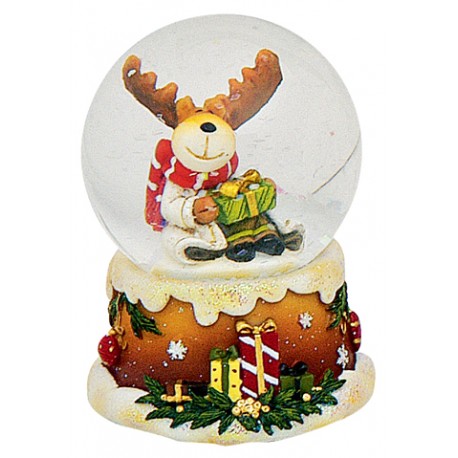 Boule à neige Noël Renne gros cadeau 6 cm résine