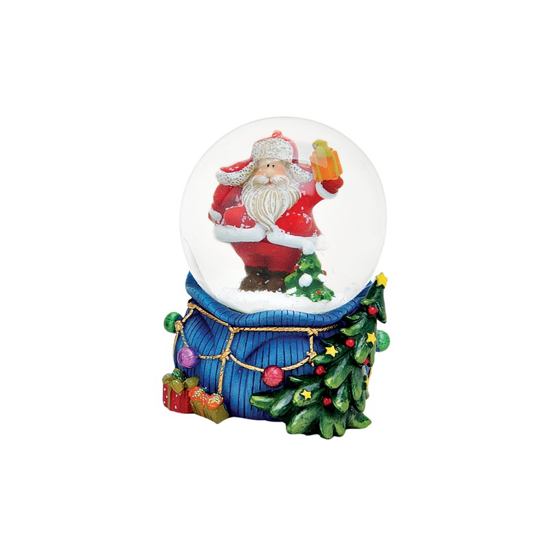 1179 boule a neige pere noel hotte bleu resine 6 cm