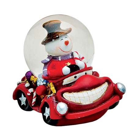 Boule à neige Bonhomme de neige voiture rouge résine 6 cm