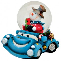 Boule à neige Bonhomme de neige voiture bleu résine 6 cm