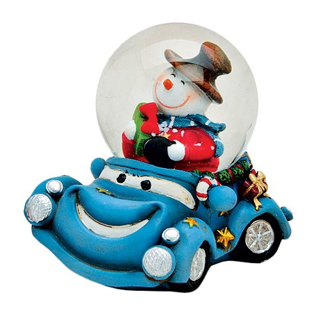 Boule à neige Bonhomme de neige voiture bleu résine 6 cm