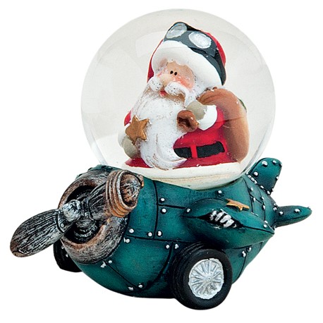 Boule à neige Père Noël avion bleu résine 6 cm