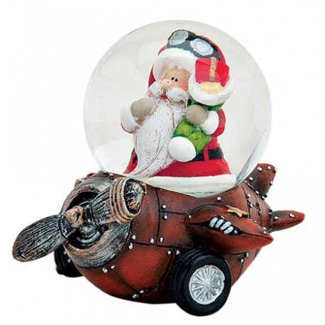 Boule à neige Père Noël avion marron résine 6 cm