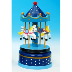 Boîte à musique manège en bois bleu 21cm