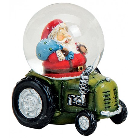 Boule à neige Père Noël tracteur vert 7 cm