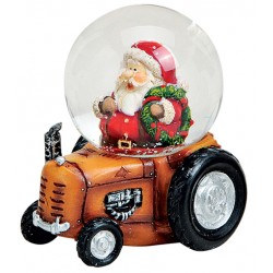 Boule à neige Père Noël tracteur orange 7 cm