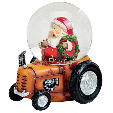 Boule à neige Père Noël tracteur orange 7 cm