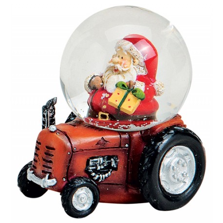 Boule à neige Père Noël tracteur rouge 7 cm