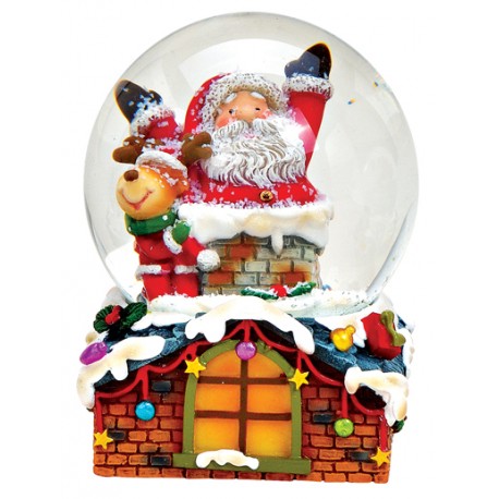 Boule à neige Père Noël et renne toit résine 8 cm