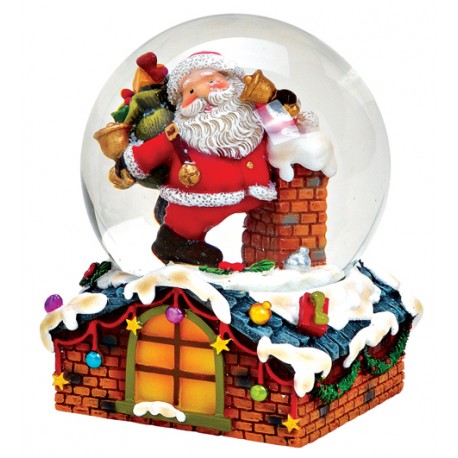 Boule à neige Père Noël et hotte toit résine 8 cm