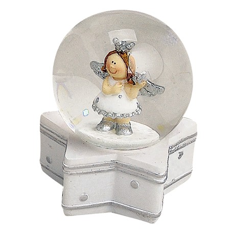 Boule à neige ange argenté rond résine 6 cm
