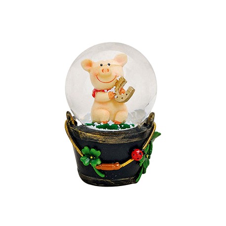 Boule à neige cochon fer à cheval résine 7 cm