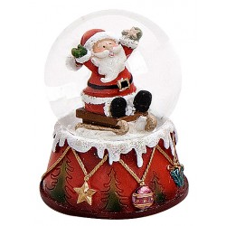 Boule à neige Père Noël luge assis bras en l'air résine 6 cm