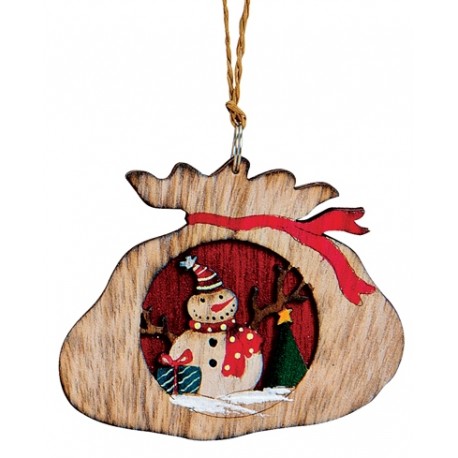 Suspension sapin Noël en bois hotte bonhomme de neige