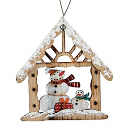 Suspension sapin Noël maison en bois bonhomme de neige