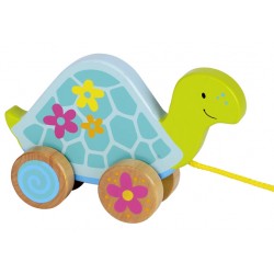 Tortue en bois à tirer vert fleurs 18 cm