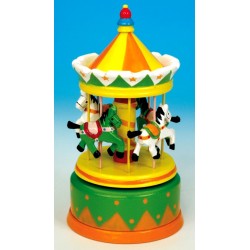 Boîte à musique manège en bois vert jaune orange 20 cm
