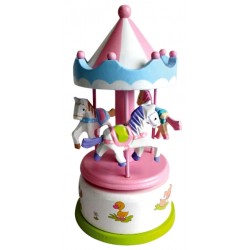 Boîte à musique en bois carrousel rose blanc 17 cm