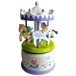 Boîte à musique en bois carrousel vert violet 13 cm