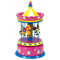 Boîte à musique grand manège en bois violet bleu jaune 29 cm