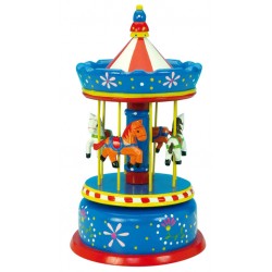Boîte à musique grand manège en bois bleu rouge 29 cm