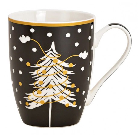 Tasse Noël sapin noir doré porcelaine 30 cl