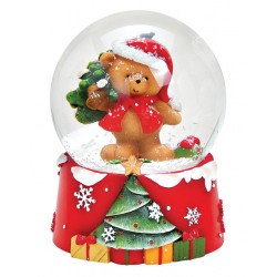 Boule à neige Noël ourson sapin résine 9 cm