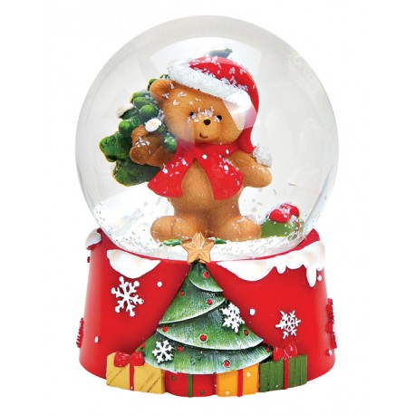 Boule à neige Noël ourson sapin résine 9 cm
