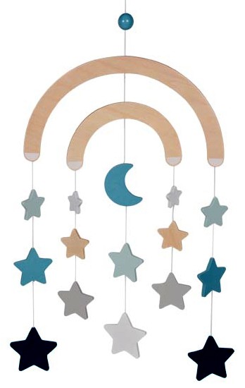 Mobile Bebe En Bois Bleu Lune Etoiles 45 Cm La Magie Des Automates