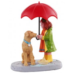 Fille et son chien sous parapluie Lemax Caddington