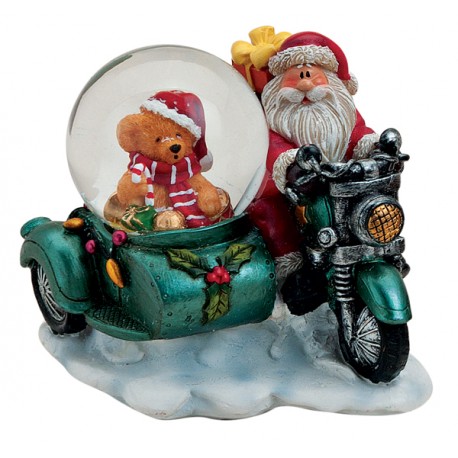 Boule à neige Père Noël side-car bleu 8 cm