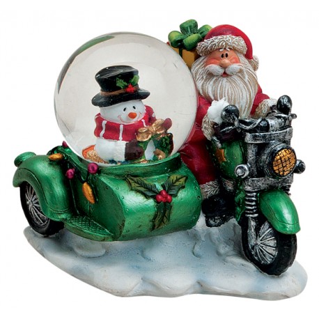 Boule à neige Père Noël side-car vert 8 cm