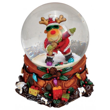Boule à neige Noël renne chanteur résine 9 cm
